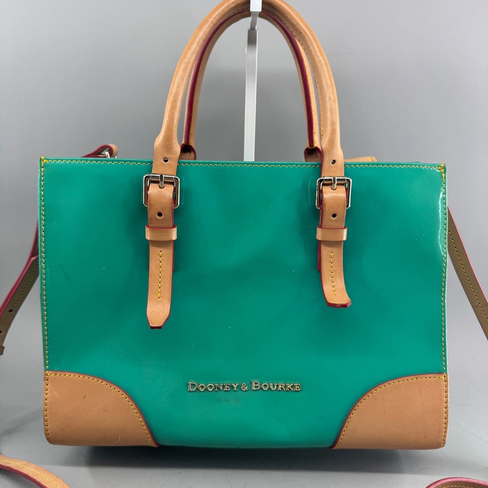 Dooney & Bourke Womens Patent Leather Satchel Crossbody Bag Teal Green Tan - Picture 2 of 16